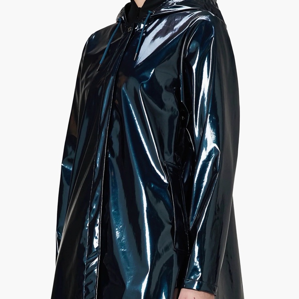 RAINS A-Line Long Jacket W3 Hooded | `Spill’ Shiny Dark Blue | Women L | NWT NEW - Picture 7 of 8